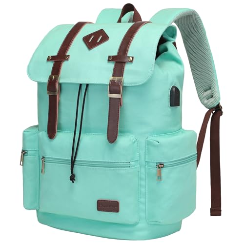 Modoker Vintage Canvas Backpack with USB Port, Fits 17/15.6 Inch Laptop | Eco-friendly canvas backpack with durable construction. Comfortable straps for travel, work, or daily use. - color: Retro Green