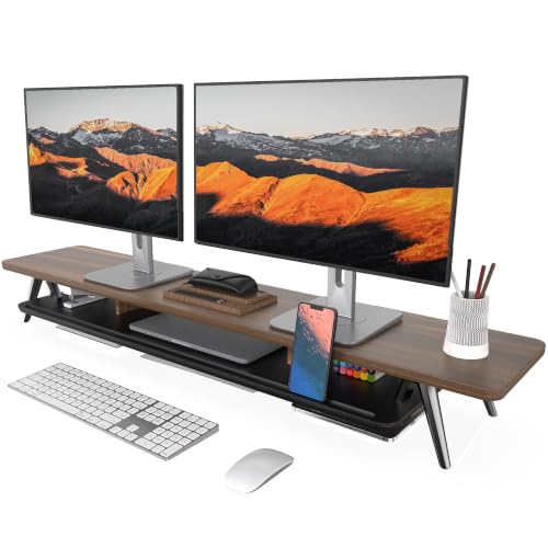 Fenge Dual Monitor Stand Riser, Wooden Desk Shelf with 2-Tier Storage | 47.2-Inch Extra Wide, Sturdy Aluminum Legs, Built-In Phone & Tablet Slot, Desktop Organizer for Office Accessories - color: Walnut, size: 47.2 Inch