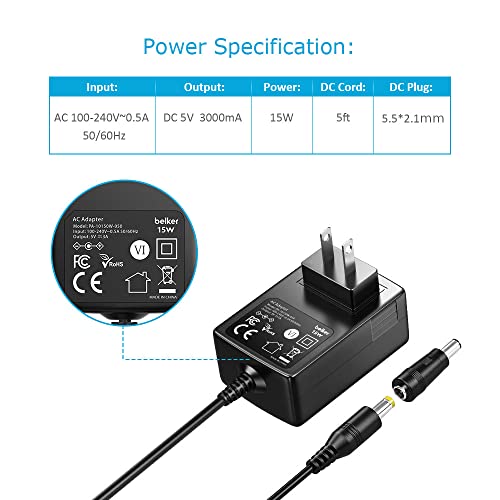Belker 5V 3A USB C AC DC Adapter 15W Power Supply with 9 Tips | 5V Wall Charger Power Cord for Household Electronics TV Box Router Mini Fan LED Strip Speaker - size: 5V 3A