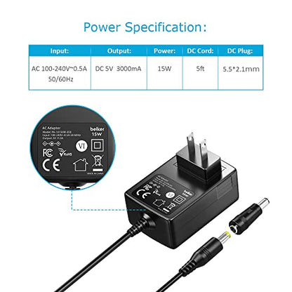 Belker 5V 3A USB C AC DC Adapter 15W Power Supply with 9 Tips | 5V Wall Charger Power Cord for Household Electronics TV Box Router Mini Fan LED Strip Speaker - size: 5V 3A