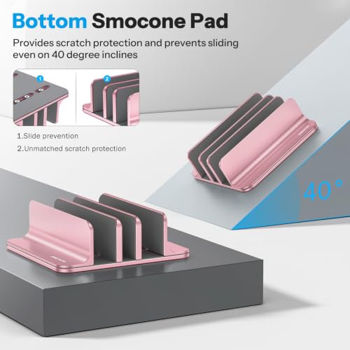 OMOTON 3-Slot Multiple Vertical Laptop Stand, Fits MacBook, Rosegold | Adjustable Width 0-1.38", Aluminum Office Space-Saving for Desk, Fits MacBook/Book/iPad Up to 17.3in - color: Three solt，RoseGold