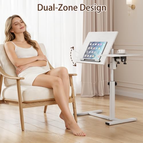 Overbed Table with Wheels Rolling, Adjustable Mobile Bedside Desk, Flip-Top, Laptop Table, C Shaped End Side Table for Couch, Sofa, Bed, Recliner and Home Use, Large White - color: Large White