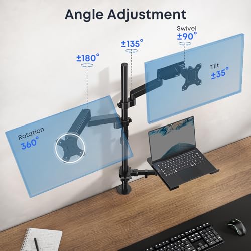 Dual Monitor and Laptop Mount Stand, Fits 32" Screens & 17" Laptops | 19.8 lbs per Arm,Fits 10-17" Laptops,Extra Long Pole,Full Motion & Height Adjustable, C-clamp Desk Mounting