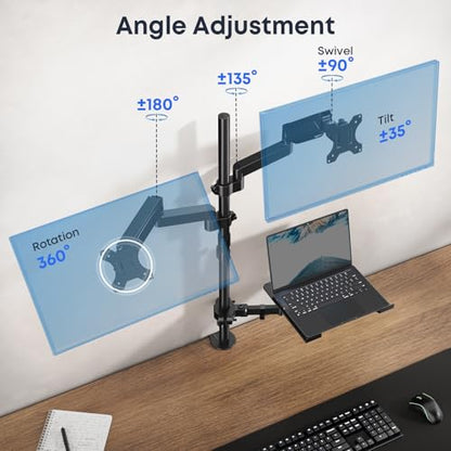 Dual Monitor and Laptop Mount Stand, Fits 32" Screens & 17" Laptops | 19.8 lbs per Arm,Fits 10-17" Laptops,Extra Long Pole,Full Motion & Height Adjustable, C-clamp Desk Mounting