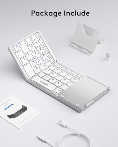 Samsers Foldable Bluetooth Keyboard with Touchpad, Slim Compact, Silver | Multi-touch Trackpad, Full Size, Phone Holder, USB-C Charging, 3 Device, for Android Windows iOS Mac OS, Mobile Productivity - color: Frost Silver, size: 3-Device