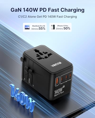 VINTAR 140W GaN Universal Travel Adapter, 6-in-1 International Power Adapter with 2AC, 3 USB-C PD & 1 USB-A QC, All-in-One Charger Compatible with EU/UK/US/AU for Laptops, Tablets, Phones, Cameras - color: 140W Black