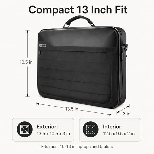 Vangoddy 12-13 Inch Laptop Meeting Bag, Hard Shell Nylon Briefcase Opens Flat, Padded Device Compartment, Front Organizer Pocket, Luggage Strap, Water Resistant, Black