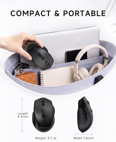 PHILIPS Wireless Mouse for Laptop, 2.4GHz & Bluetooth Computer Mouse for Small to Medium Hands, 5-Level Adjustable 4000 DPI High Precision, 6 Buttons, Silent Mouse for PC, Mac, Tablets