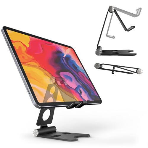 Kado Aluminum Alloy Tablet Stand for Portable Monitor, Foldable iPad Stand | Black Adjustable Holder Computer Office Desk Accessories for Kindle, Switch, iPad Pro/Air/Mini, iPhone Pro/Max/Plus