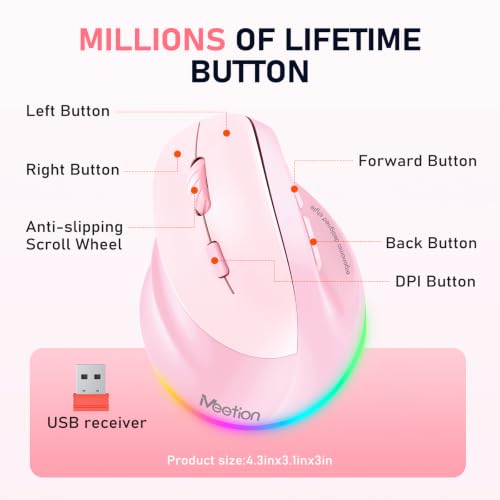 MEETION Left-Handed Wireless Ergonomic Vertical Mouse, Rechargeable - Pink | Dual Bluetooth 5.2/3.0 + USB, RGB lighting, 4 adjustable DPI, compatible with Windows, Mac, PC, iPad and tablets - color: Left Pink