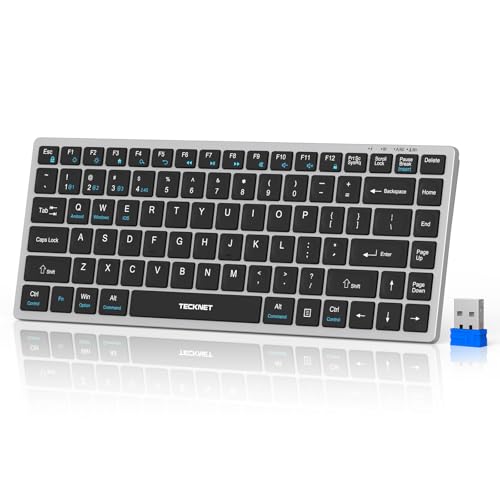 TECKNET Bluetooth Keyboard Rechargeable, 4-Device (2.4G+3BT) Wireless Keyboard, Small Ultra-Slim Keyboard, 14 Hotkeys Computer Keyboard for PC/Laptop/Tablet/iPad