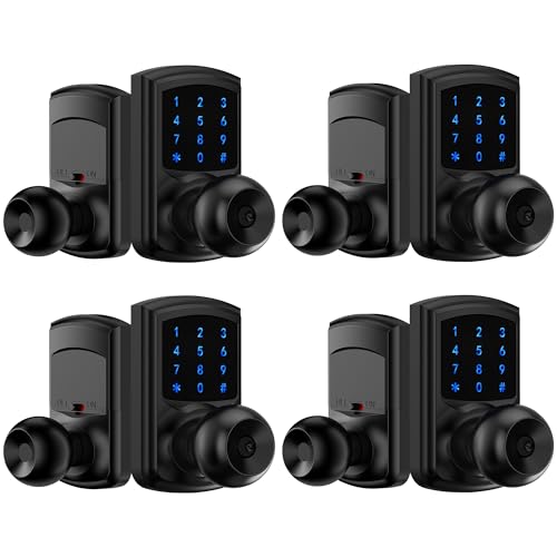 Keyless Entry Door Lock Keypad Smart Door Knob Electronic Digital Code Lock | Zinc Alloy Anti-Bump Security One-Slide Passage Mode Switch 20 User Codes One-Time Guest Code 15 Min Easy DIY Install - size: HL-668K Matte Black 4pack