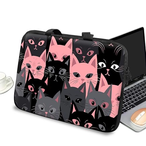 Universal Laptop Case Sleeve 10 inch with Handle and Zipper, Kids Tablet Carrying Case Messenger Bag Portable Tote Bag for 7-10 inch iPad/Notebook/eBook/Readers, Black Pink Cat - color: Black Pink Cat, size: 10 inch