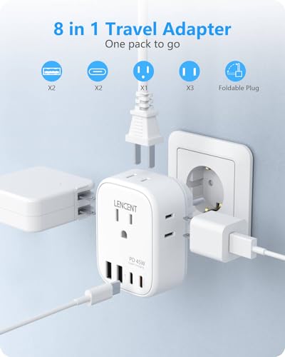 LENCENT Germany France Travel Power Adapter, PD 45W USB C Fast Charger | Schuko Type E F Plug Adapter with 4 Outlets, Travel Essentials for US to Europe EU Spain Greece Russia Germany South Korea - style: Type E/F-45W-Germany