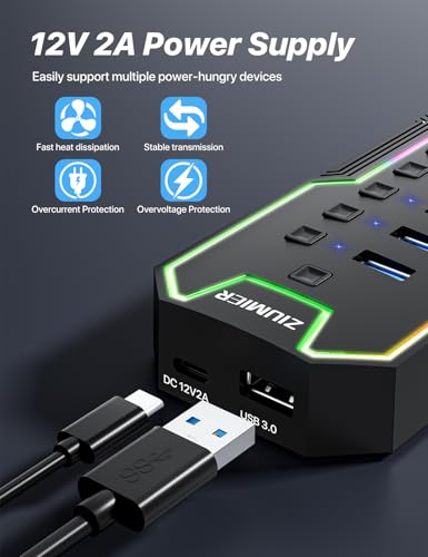 Powered USB Hub, 10 Ports USB 3.0 Hub with RGB LED Strip | 12V/2A Power Adapter USB Extension,Individual LED On/Off Switches for Mac, PC, Desktop, Flash Drive, Mobile HDD