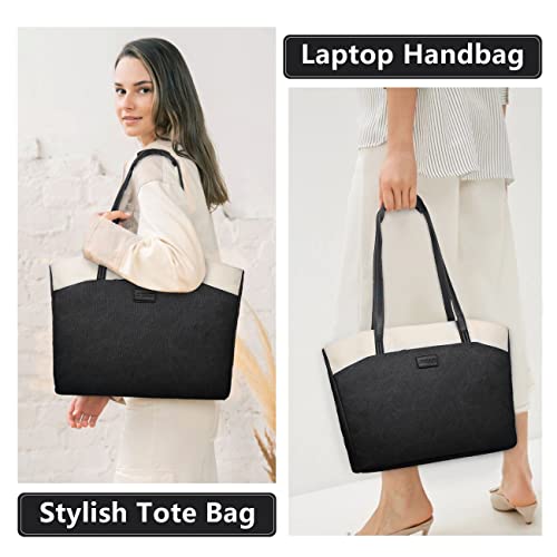 RAVUO Tote Bag for Women, Water Resistant 2PCS Set 15.6 Inch Laptop Travelling Bags Work Teacher Purse W Portable Pouch - color: Black
