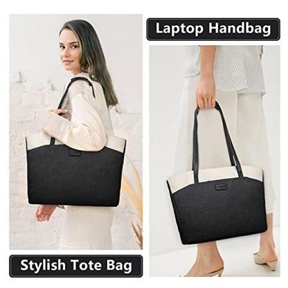 RAVUO Tote Bag for Women, Water Resistant 2PCS Set 15.6 Inch Laptop Travelling Bags Work Teacher Purse W Portable Pouch - color: Black
