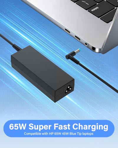 Charger Compatible with HP Laptop Computer 65W 45W Smart Blue Tip 4.5mm | Compatible with HP Pavilion x360 14/15/17, Envy 13/15, EliteBook ProBook Chromebook Stream Spectre |19.5V 3.33A 710412-001