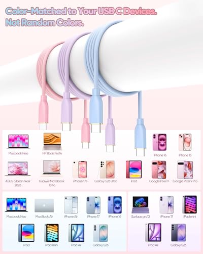 10FT USB C to USB C Cable 3Pack-Soft Silicone in Pink Purple Blue | 10 FT USB C Fast Charging Cable Long, Color-Coded for iPhone 17/16/15, iPad, Sam-Sung,Pixel,MacBook Neo Pro Air - size: 10FT