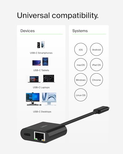 Belkin Connect USB-C to Ethernet + Charge Adapter 100W w/Gigabit Ethernet Port and USB-C Port - 1000Mbps for Fast Internet Connection - Compatible with iPhone 17, Samsung Galaxy S26, & More - style: Ethernet + Charging (100W)