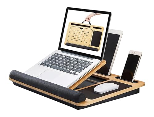 Foldable Wooden Laptop Stand for Desk – Adjustable & Portable Lapdesk with Cushion – Ergonomic Wood Laptop Riser with Storage Shelf for Home, Office & Travel – Fits Up to 16-Inch Laptops