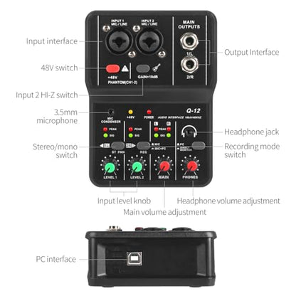 XTUGA USB Audio Interface for PC,Interface for Recording Music Computer Recording Audio Interface XLR with 3.55m Microphone Jack, USB Sound Card for Recording Studio, Ultra-low Latency Plug&Play, Q-12
