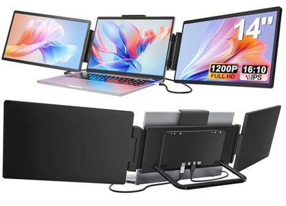 Laptop Screen Extender, 14" 1200P FHD IPS Light & Portable Triple Monitor 16:10 for 13.3"-16" Laptops, USB-C & HDMI Plug & Play Monitor Extender with Metal Stand for Mac/Wins/Android/Chrome
