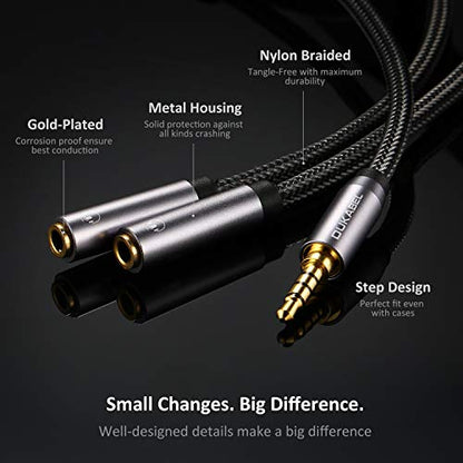 DUKABEL Headphone Splitter, Strong Braided & Gold-Plated 3.5mm Stereo Audio Y Splitter Cable 4-Pole Male to 2-Female Port Audio Stereo Cable Dual Headphone Jack Adapter Top Series - size: 11inch / 26cm