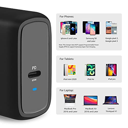 Amazon Basics 65W One-Port GaN USB-C Wall Charger with Power Delivery PD 3.0, Foldable Plug, Portable, Fast Charging for Laptops, Tablets & Phones, Non-PPS, Black - color: Black, style: 65W (1 USB-C)