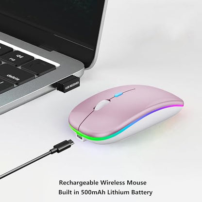 WREANU Wireless Bluetooth Mouse, Rechargeable Laptop Mice, Pink | LED Lights Silent Slim Dual Mode(BT5.2 and 2.4G Portable USB Receiver) Computer Mouse for Laptop/iPad/Tablet/Computer/Mac - color: Pink