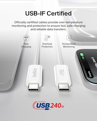 Belkin USB C to USB C 240W Cable 2 Pack, 6.6ft Fast iPhone Charger Cord | iPhone 15/16/17, Samsung Galaxy S26, Pixel 10, Airpods, iPad, Nintendo Switch 2, MacBook, Steam Deck, Travel, Chromebook - color: White, style: 6.6 ft - 2 pack