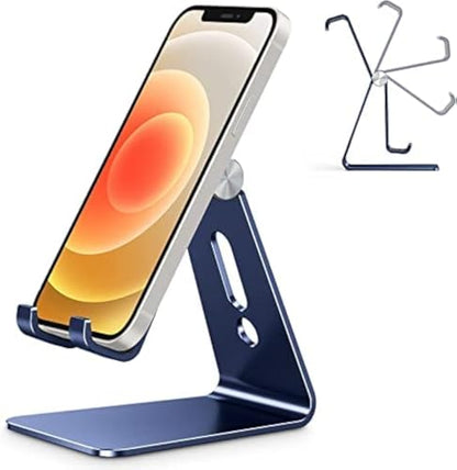 OMOTON C2 Adjustable Cell Phone Stand with Charging Cutout, Navy Blue | Sturdy 3mm Aluminum, Charging Port, 270° Adjustable, Non-Slip Silicone Pads, Works with Thick Cases, for All Smartphones - color: Navy Blue