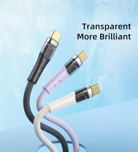 100W USB-C to USB-C Cable Transparent Fast Charging 480Mbps Data Braided Nylon LED E-Marker for Laptops Tablets Phones - Black