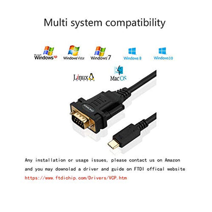 USB-Cto RS232 DB9 Serial Cable Male Converter Adapter with FTDI Chipset for Windows 11,10, 8.1, 8, 7, Vista, XP, 2000, Linux and Mac OS X 10.6 (10ft) - size: 10FT, style: USB-C to Serial DB9