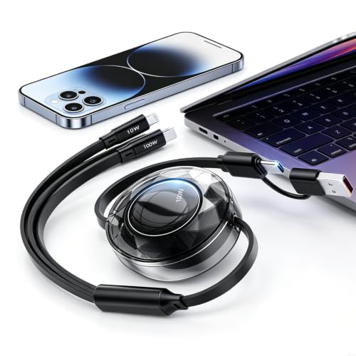 Retractable 3 in 2 Multi Charging Cable 100W, iPhone 17 Retractable Charger Cable USB C iPhone 16 Fast Charger Cord for iPhone 17 16 15 14 /Samsung Galaxy S25/PS/MBook/Pad (4ft) Travel Essentials