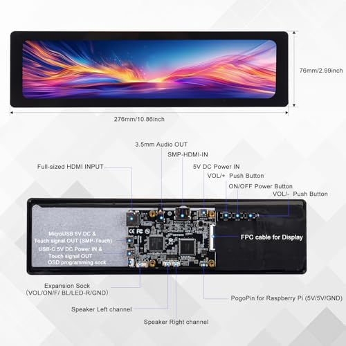 GeeekPi 11.26 inch 1920x440 HDMI LCD Capacitive Touch Screen for Raspberry Pi 5/4B/3B+/3B
