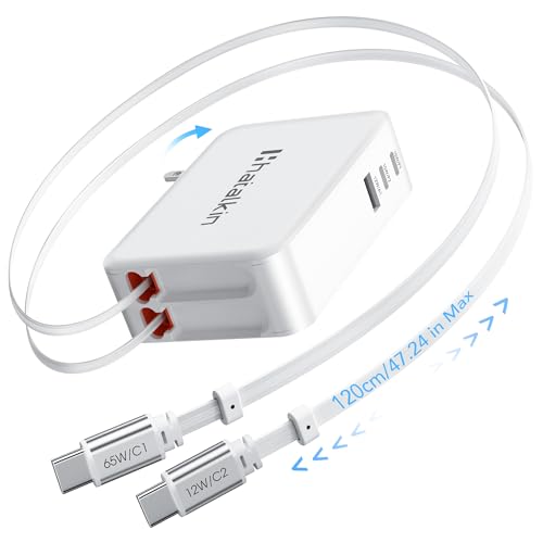 65W for MacBook Pro Charger,5-in-1 Retractable Wall Charger Plug for iPhone 17, Dual 3.94 ft PD USB C Cable&3 Ports, Fast Charging Block for Mac Book Pro/Air, M1 M2 M3 M4 M5, iPad Pro,Galaxy,Pixel - color: White