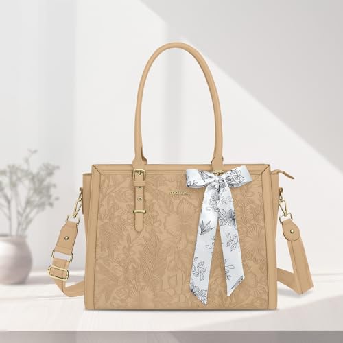 MOSISO Laptop Bag for Women, 17-17.3 inch PU Leather Tote Bag | Compatible with MacBook, HP,Dell, Front Embossed Retro Hibiscus Computer Bags with Silk Scarf&Clutch Purse, Apricot - color: Apricot, size: 17.3 inch