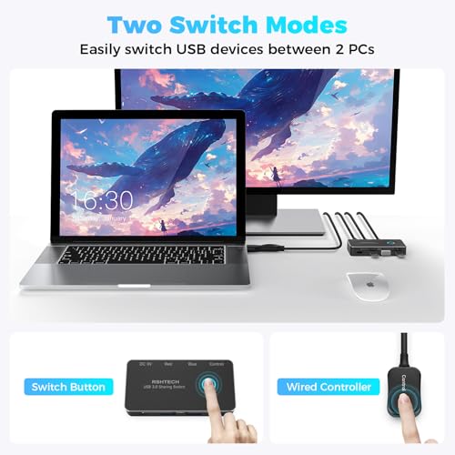 RSHTECH USB 3.0/USB C Switch 2 Computers Share 4 USB Devices, RSH-A201R | USB Switcher Selector with 4 USB 3.0 Data Ports(3 USB-A+1 USB-C), 2 Cables and Controller for Keyboard, Mouse and Printer - size: 4 Ports USB Switch