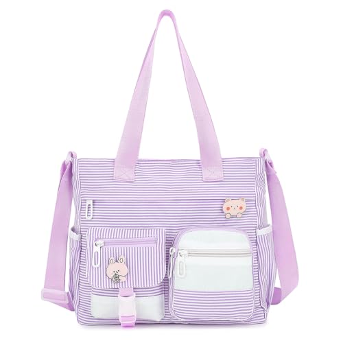 Phaoullzon Cute Messenger Bag Kawaii Crossbody Purse for Teen Shoulder Tote | Gifts for Girls/ Women, Nylon Japanese College Satchel Travel Work Gym Handbag - color: Stripes Purple, style: Medium