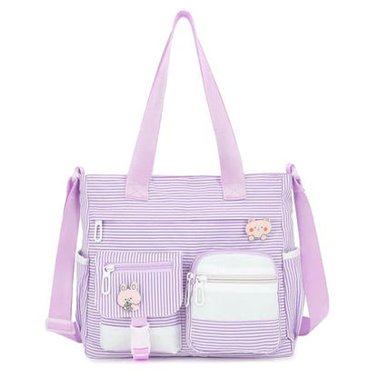 Phaoullzon Cute Messenger Bag Kawaii Crossbody Purse for Teen Shoulder Tote | Gifts for Girls/ Women, Nylon Japanese College Satchel Travel Work Gym Handbag - color: Stripes Purple, style: Large(could Fit 14" Laptop)