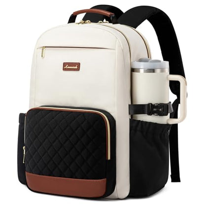 LOVEVOOK Laptop Backpack for Women with Pouch Pocket for Large Capacity Cup,17 Inch Teacher Nurse College Work Travel Backpack Purse,Waterproof Laptop Computer Bags,Beige-Black-Brown+Diamond-shaped - color: Beige - Black - Chestnut Brown + Diamond-shaped,