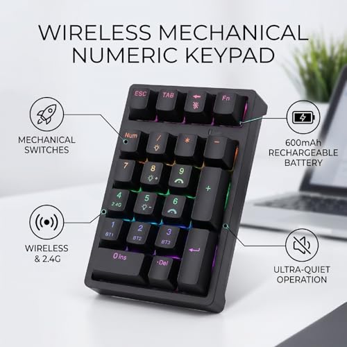Zunate Mechanical Numeric Keypad, Wireless Bluetooth RGB Backlit, 21 Keys 3 Mode 2.4G USB Type C, Wired Numeric Number Pad for Cashier Accounting Data Entry Laptop Desktop