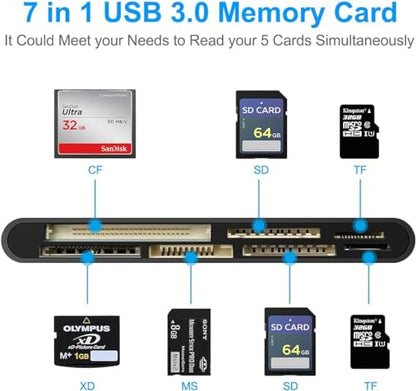 USB 3.0 SD Card Reader, 7-in-1 Multi Memory Card Reader for SD SDXC SDHC Micro SD CF MS MMC Camera Memory Card XD Card Reader, Plug and Play Simultaneously Read/Writer(5Gbps) for Mac OS, Windows - size: USB 3.0 Card Reader