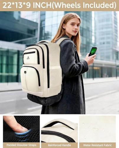 MATEIN Rolling Backpack for Women, Roller Backpack with 4 Spinner Wheels | 17 Inch Large Rolling Computer Bag with Padded Shoulder Straps, Water Resistant Wheeled Carry On Bag for Business Travel