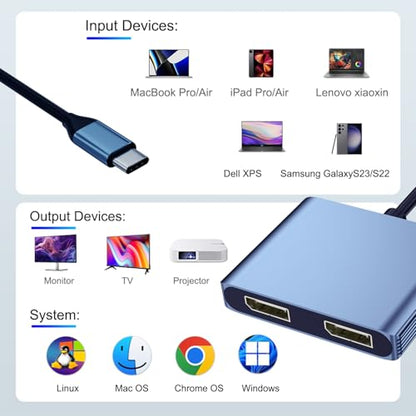 DisplayPort Splitter for Dual Monitors, 4K@60Hz USB C to Dual DisplayPort Splitter Adapter for Extended Display with 2 Displayports/USB3.0/100W PD Fast Charging, Compatible with MacBook/HP/Dell/Lenovo