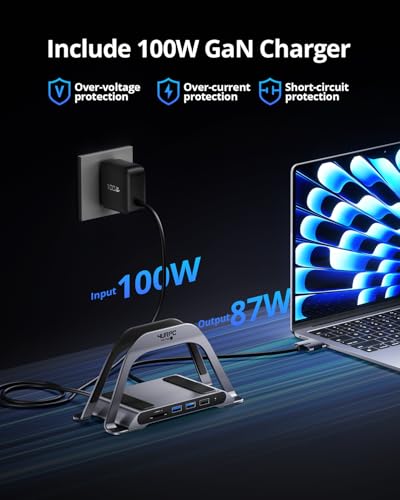 MacBook Pro Docking Station Dual Monitor 4K@60Hz with 100W Power Adapter, USB C Docking Station Vertical Stand for MacBook Pro/Air with 2 HDMI, USB 3.0, SDµSD, Ethernet, Audio