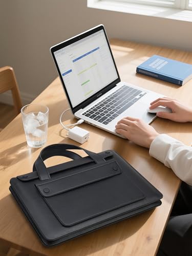 Lacdo 14 Inch Laptop Sleeve Case Bag for HP 14" Laptop, Lenovo Dell ASUS Acer Chromebook 14, HP Stream 14, Dell Latitude 14, ASUS Vivobook 14, Leather Computer Bag with 3 Compartments & Handle, Black - size: 14 Inch