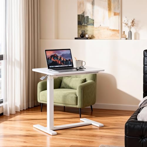 Overbed Table with Pneumatic Height Adjustment, Hidden Casters Rolling Bedside Table, Hospital Bed Table Mobile Laptop Standing Desk for Hospital Home Use, White