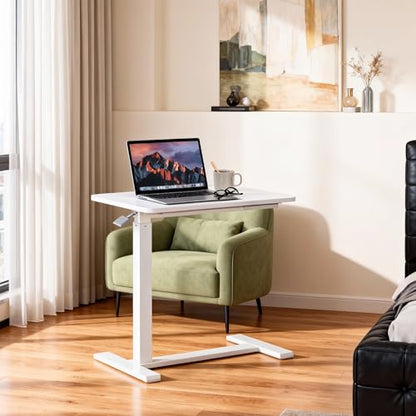 Overbed Table with Pneumatic Height Adjustment, Hidden Casters Rolling Bedside Table, Hospital Bed Table Mobile Laptop Standing Desk for Hospital Home Use, White